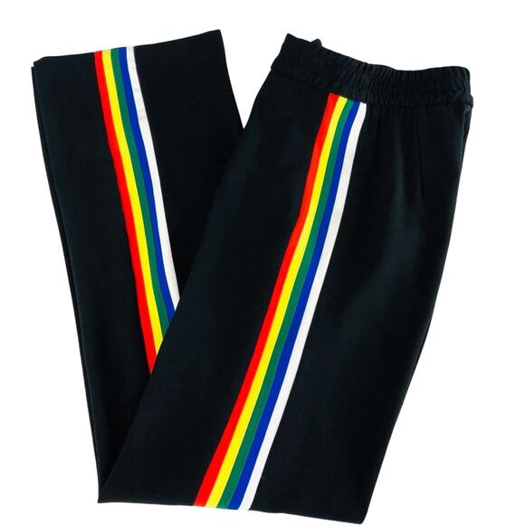 Zara Wide Leg Black Rainbow Side Stripe High Waist Pants Front Zip Flowy Fabric - Picture 5 of 16